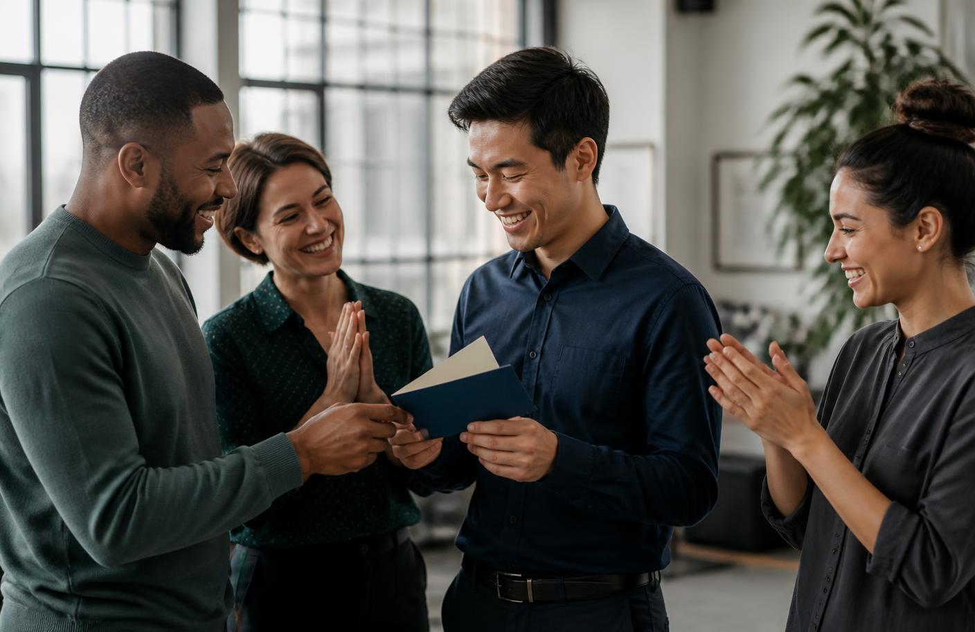 A diverse team congratulating a male colleague with a card