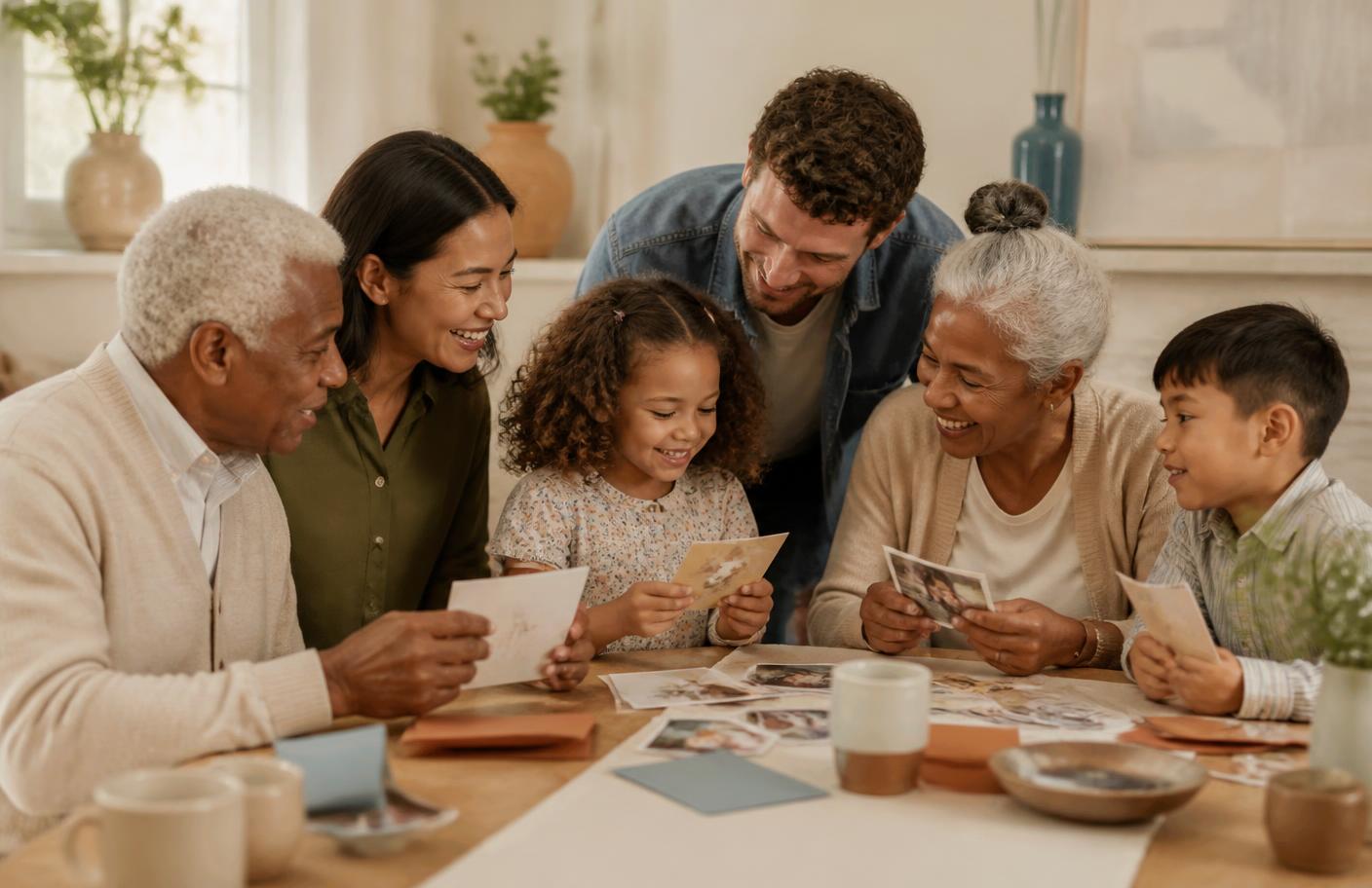 A multigenerational family sharing cards and photographs